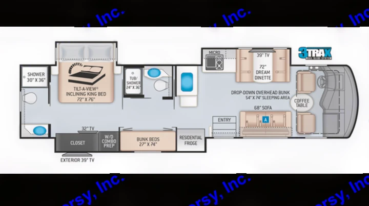 This RV rental floor plan shows a detailed interior layout with a king bed, bunk beds, kitchen, living area, and multiple bathrooms.. Thor Challenger 2021