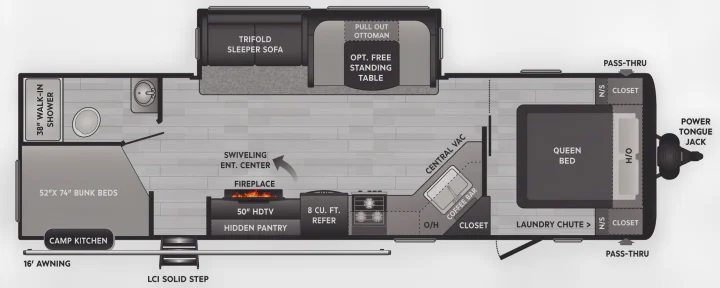 RV rental floor plan: Detailed diagram showing queen bed, bunk beds, full bath, kitchen, living area, and outdoor amenities.. Keystone RV Hideout Luxury Edition 2021