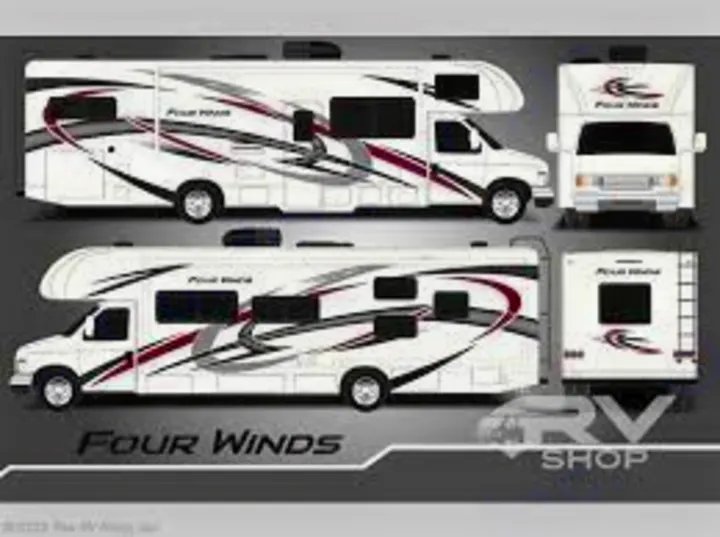 Side, front, and rear views of a white Four Winds Class C RV with maroon/gray graphics, ideal for your next RV rental.. Thor Four Winds 2022