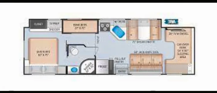 RV rental floor plan: Detailed motorhome layout with queen, bunk & cab-over beds, dinette, sofa, kitchen & bath. Great for families.. Thor Four Winds 2022