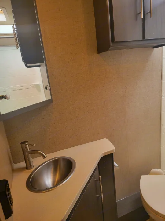 RV rental bathroom showing a compact stainless steel sink, modern faucet, dark wood cabinets, mirror, and white toilet.. Thor Axis 2021