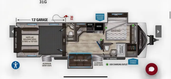 This RV rental floor plan displays a 31G toy hauler with a 13' garage, queen bed, kitchen, and theatre seating.. Grand Design Momentum 2022
