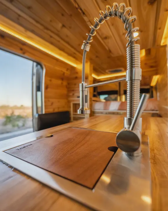Step into this modern rv rental with a fully equipped wooden kitchen, sleek sink, and built-in cutting board. LED lights illuminate the cozy space.. Dodge Ram Promaster 2500 High Roof 159" 2021