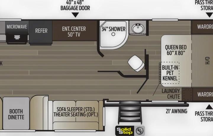 An RV rental interior floor plan showing a queen bed, pet kennel, dinette, shower, and entertainment center.. Keystone RV Outback Ultra-Lite 2020