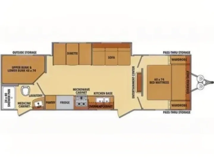 Detailed RV rental floor plan with master bed, bunks, kitchen, and bath. Visualize your camper layout!. Other Other 2021