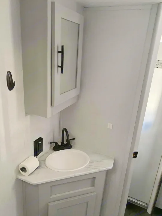 Inside a modern RV rental: a compact bathroom with a sink, light gray vanity, and wall cabinet.. Forest River Wildwood FSX Platinum 2021