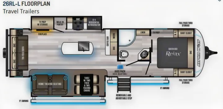 This RV rental floorplan shows a 26RL-L travel trailer with living, kitchen, bath, and queen bedroom areas.. Forest River Cherokee Alpha Wolf 2022