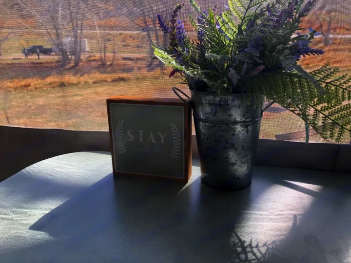 Cozy RV rental: "STAY awhile" sign & faux lavender on table, with a screened window view of nature and distant animals.. Coleman Chesapeake 1993