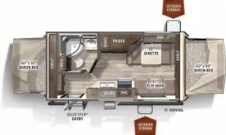 RV rental floor plan, top-down view: 2 queen beds, full bath, kitchen, dinette, and flip sofa.. Forest River Rockwood Roo 2019