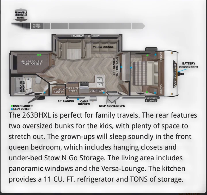 Floor plan of a 263BHXL RV rental, showing its spacious family interior with bunk beds, queen bed, kitchen & living.. Forest River 263BHXL 2022