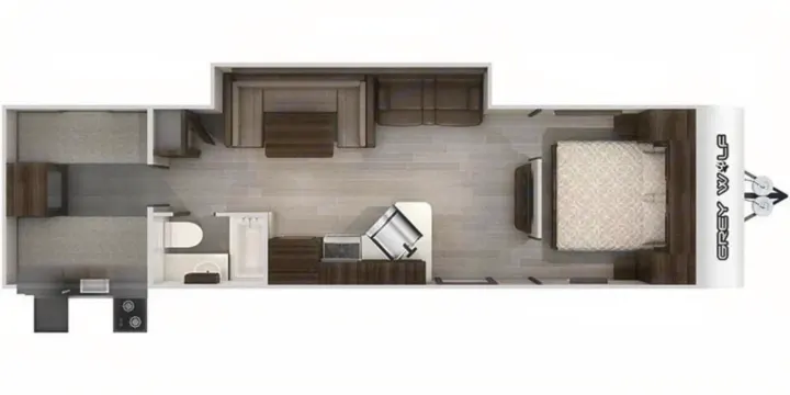 RV rental floor plan: This detailed travel trailer layout shows kitchen, bathroom, master bedroom, bunk beds, and living area.. Forest River Cherokee Grey Wolf 2020
