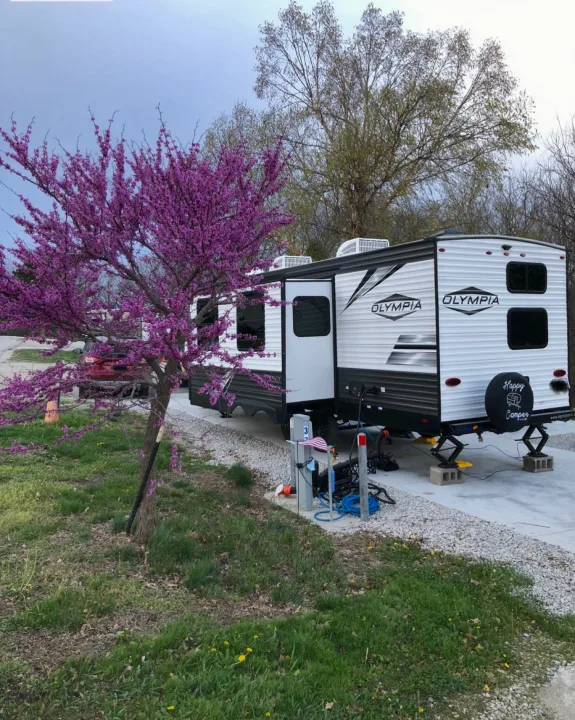A white Olympia rv rental is settled at a peaceful campsite, beautifully framed by a vibrant purple redbud tree in bloom.. Highland Ridge Olympia 26BHS 2022