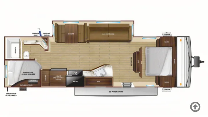 This RV rental floor plan displays a spacious interior with kitchen, bathroom, master bedroom, and bunk beds.. Highland Ridge Olympia 26BHS 2022