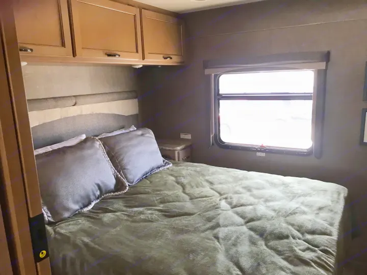 Inside this RV rental, a comfy bedroom offers a bed with green comforter, overhead cabinets, and a window.. Thor Motor Coach A.C.E 2018