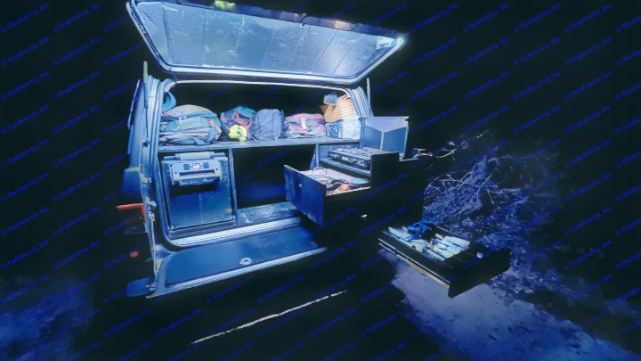 Night interior of an RV rental: organized custom storage with a pull-out kitchen, fridge, and camping gear.. Toyota LandCruiser HJ61 VX 1989