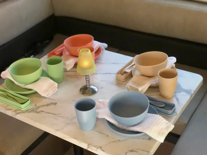 Four pastel-colored, compact dining sets (bowls, plates, cups, cutlery) on an RV rental table.. Forest River Coachmen Cross Trail XL 2022