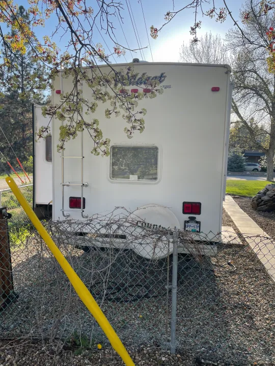 Rear view of a white Wildcat RV rental, equipped with a ladder and spare tire, parked behind a fence with spring blooms.. Forest River Wildcat 2008