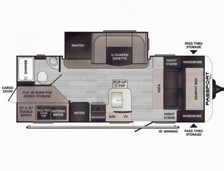 RV rental floor plan of a Passport travel trailer, showing Murphy bed, bunks, kitchen, bath, dinette, and storage.. Keystone RV Keystone Passport 2021