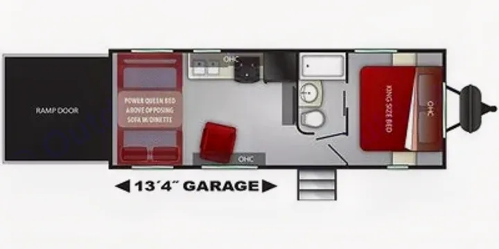 This RV rental floor plan depicts a toy hauler's interior layout, featuring a rear 13'4" garage, central living, and a front king-size bed.. Cruiser Rv Corp Stryker 2020