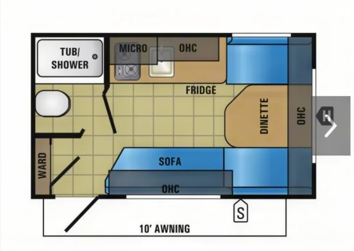 RV rental floor plan: compact travel trailer layout with bath, kitchen, dinette, sofa, and 10' awning.. Jayco Jay Flight 2016