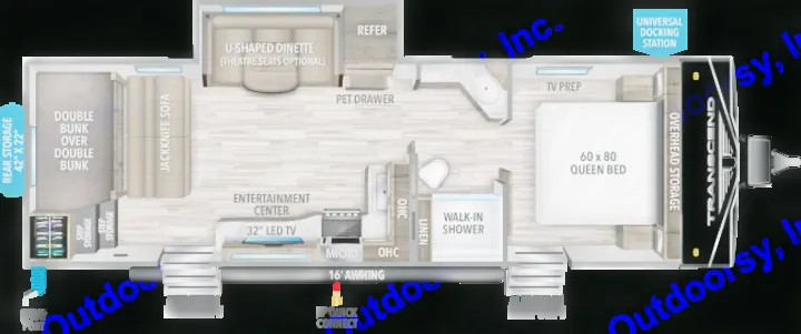 **rv rental** floor plan: Explore this travel trailer's interior with queen bed, double bunks, U-dinette, kitchen & bath.. Grand Design Transcend 265BH 2022