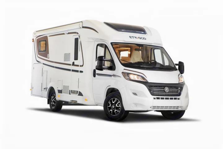 A white Etrusco motorhome, pictured against a white background, is ready for your next RV rental adventure.. Etrusco Etrusco T7400SBC 2021