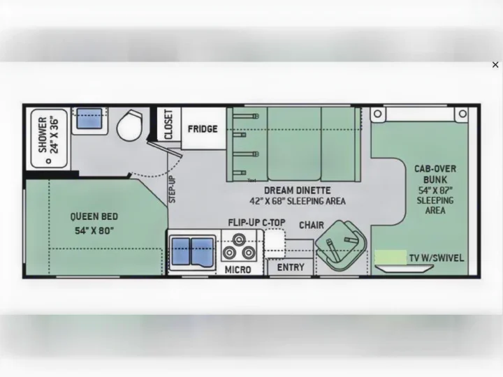 Detailed RV rental floor plan: See the layout with a queen bed, dinette, bunk, kitchen, and bath for comfortable travel.. Thor Chateau 2017