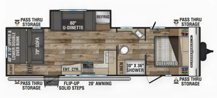 RV rental travel trailer floor plan: interior layout with queen bed, bunks, U-dinette, kitchen, and bathroom.. Otherl Other 2022