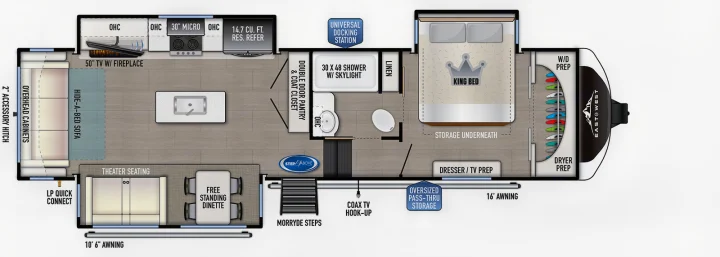 This RV rental floor plan details a spacious interior with king bed, kitchen, bath, and living areas.. East to West Tandara 2021