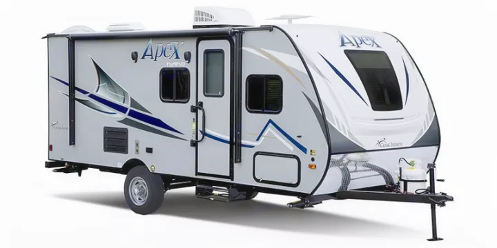 This sleek grey and white Apex travel trailer, an excellent RV rental option, features modern graphics and a compact design.. Coachmen nano 2017