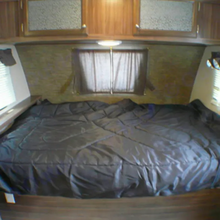 Spacious RV rental bedroom: dark comforter on a large bed, overhead wood cabinets. Perfect for your travel comfort.. Coachmen nano 2017