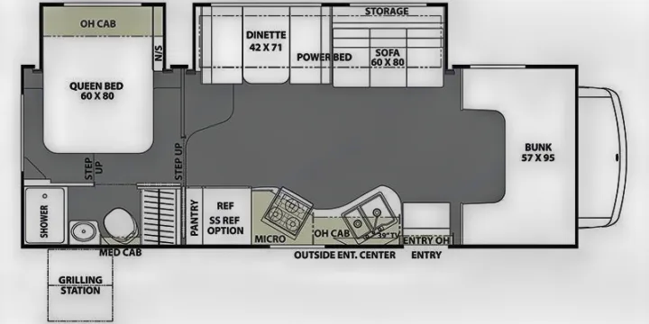 Detailed RV rental floor plan with queen bed, dinette, sofa, bunk, kitchen, and bath, for family travel.. Coachmen Freelander 28BH 2018