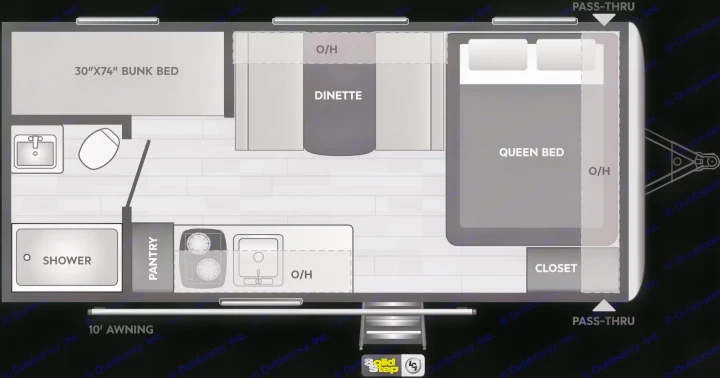 This RV rental floor plan shows a spacious layout with a queen bed, bunk bed, dinette, kitchen, and full bathroom.. Keystone RV Springdale 2019
