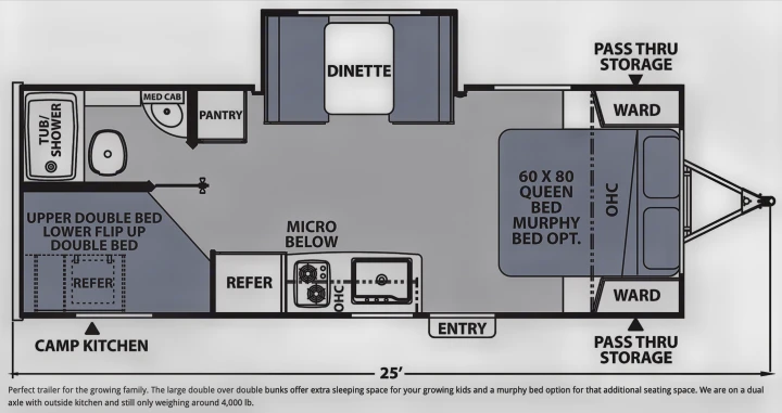 RV rental floor plan: 25' family travel trailer with queen bed, bunks, kitchen, bath, and outside kitchen.. Forest River Coachmen Apex Nano Off-Grid 2022