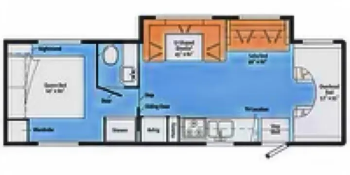 This RV rental floor plan features a queen bed, overhead bunk, sofa bed, kitchen, and bath for spacious travel.. Itasca Spirit 2014