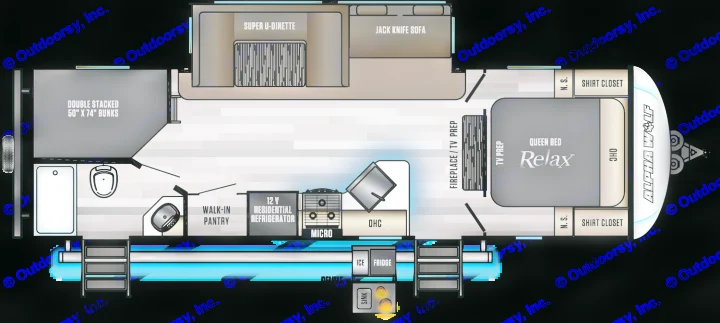 Explore this Alpha Wolf RV rental floor plan, featuring a queen bed, bunks, spacious kitchen, and full bathroom.. Forest River Cherokee Alpha Wolf 2022
