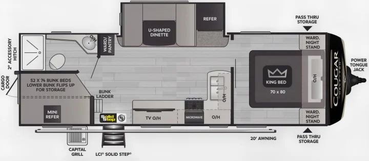 Explore this RV rental floor plan: a travel trailer with a king bed, bunk beds, U-shaped dinette, full kitchen, and bath.. Keystone Cougar Half-Ton 2022