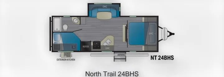 RV rental: North Trail 24BHS travel trailer floor plan. Includes bunks, queen bed, kitchen, bath, and exterior kitchen.. North Trail 24bhs 2021