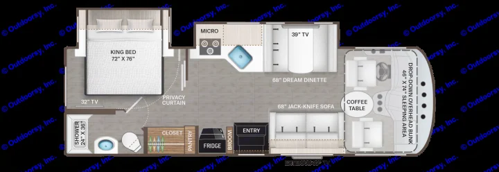 This RV rental floor plan illustrates a spacious layout with king bed, kitchen, dinette, sofa, shower, and overhead bunk.. Thor Motor Coach A.C.E 2022