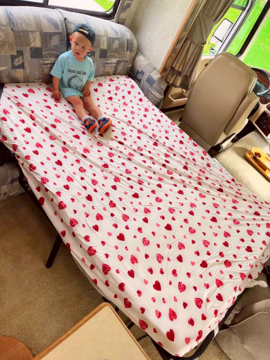 Young child on a heart-patterned bed inside an RV rental, a comfy spot for family adventures.. Forest River Georgetown 2002