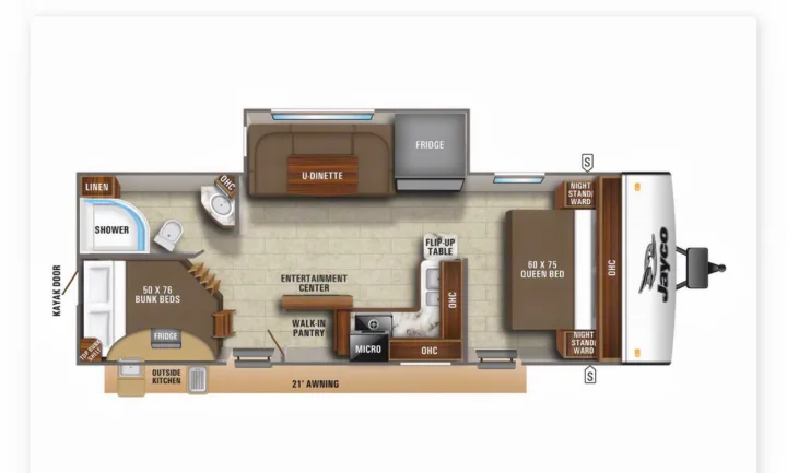 Detailed RV rental floor plan illustrating the interior layout, including a queen bed, bunk beds, kitchen, dinette, and full bathroom.. Jayco Jay Feather 2021