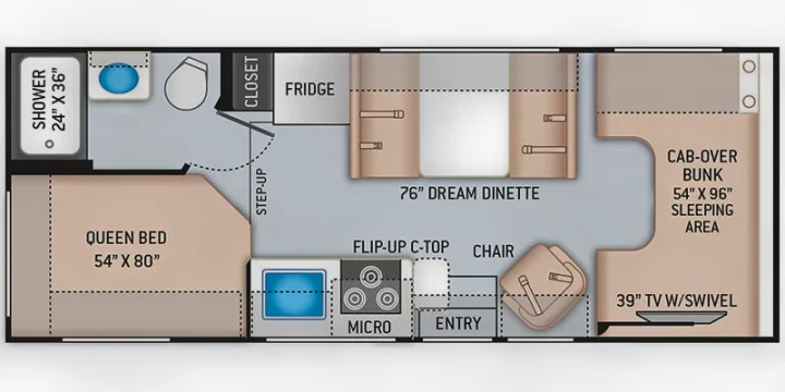 RV rental interior layout: queen bed, dinette, kitchen, bath, and cab-over bunk sleeping area.. Ford Freedom Elite 2022