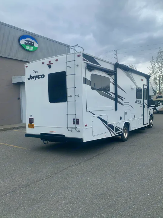 White Jayco RV rental parked at Alaska RV Rentals, ready for your next adventure. Great for Alaska travel.. Jayco Redhawk 2020