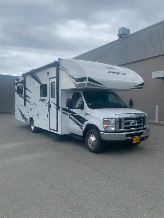 A sleek white Jayco Redhawk Class C motorhome, an ideal RV rental for your next Alaska adventure.. Jayco Redhawk 2020