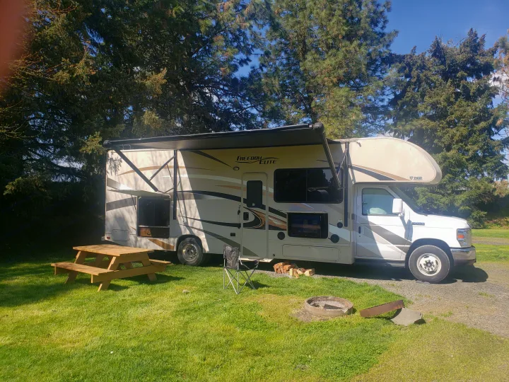 A large, modern rv rental is parked at a grassy campsite with a picnic table, fire pit, and tall trees under a clear sky.. Thor Motorcoach E450 Freedom Elite 2017