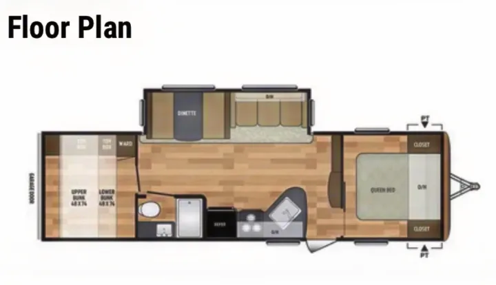 This RV rental floor plan displays the detailed interior layout, featuring a queen bed, bunks, kitchen, bath, and dinette.. Keystone RV Summerland 2018