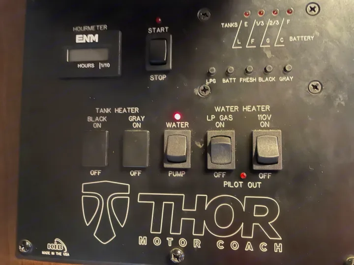 Thor RV rental control panel: Hourmeter, tank levels, water pump (on), water heater, and tank heater switches.. Thor Four Winds 2018