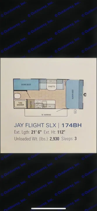 RV rental floor plan: Jay Flight SLX 174BH. This travel trailer features bunk beds, a queen bed, and sleeps 3. Ext. Lgth: 21' 6".. Jayco Jay Flight SLX 2016