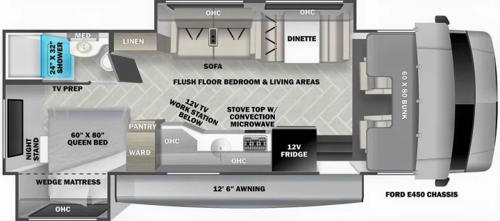 Detailed RV rental floor plan of a motorhome, showing queen bed, bunk, kitchen, bath, living areas, with sofa and dinette.. Forester LE 2020