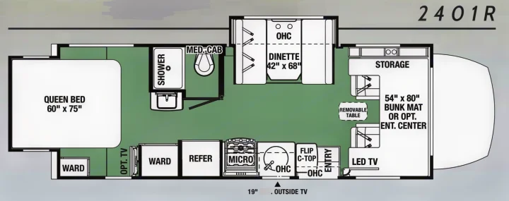 This RV rental floor plan (2401R) shows a layout with a queen bed, dinette, kitchen, bathroom (shower/toilet), and bunk beds.. Forest River Forester MBS 2018